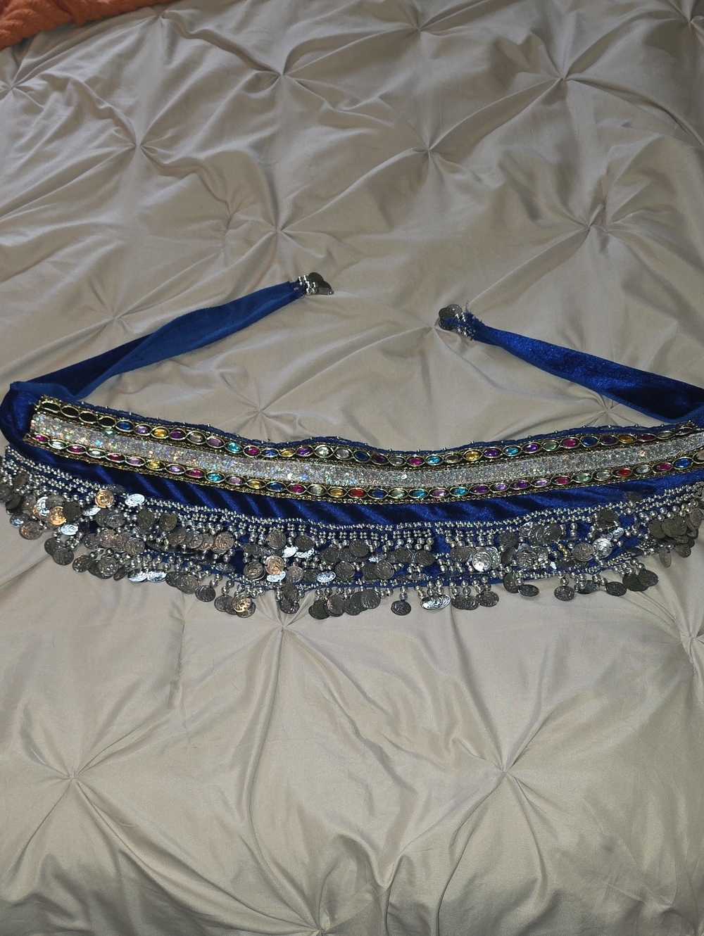 Blue Coin Fringe Belly Dance Hip Scarf with Multicolor Gems